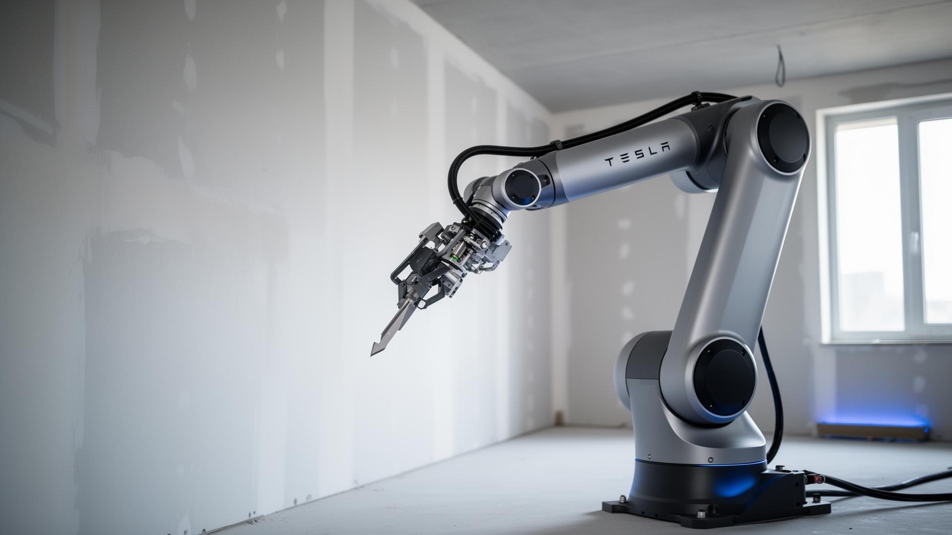 Construction robot arm approaching a drywall installation