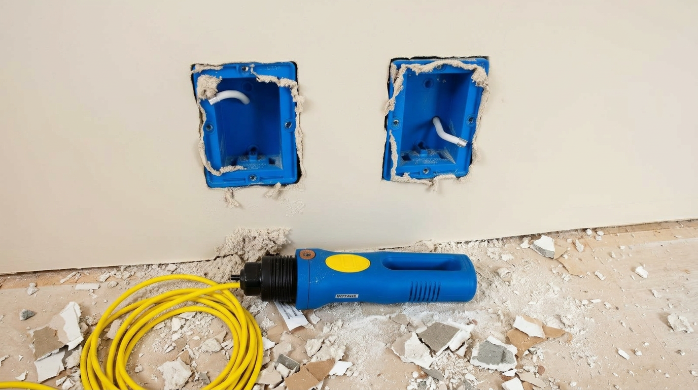Jobsite drywall with rough rotozip cutouts around US single-gang outlet boxes